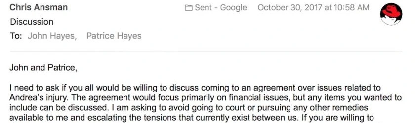Email to John and Patrice Hayes: Full transcript below. sms