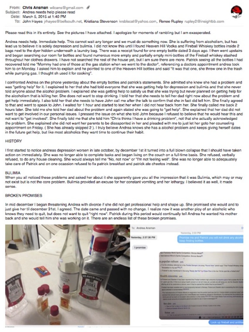Email to John Hayes, Patrice Hayes, Kristiana Stevenson, Renee Rupley: Full transcript below. sms