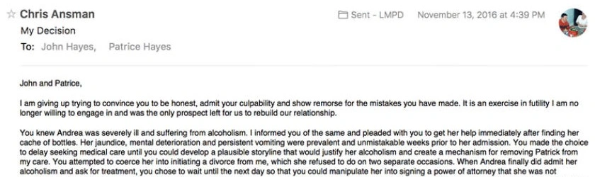 Email to John and Patrice Hayes: Full transcript below. sms