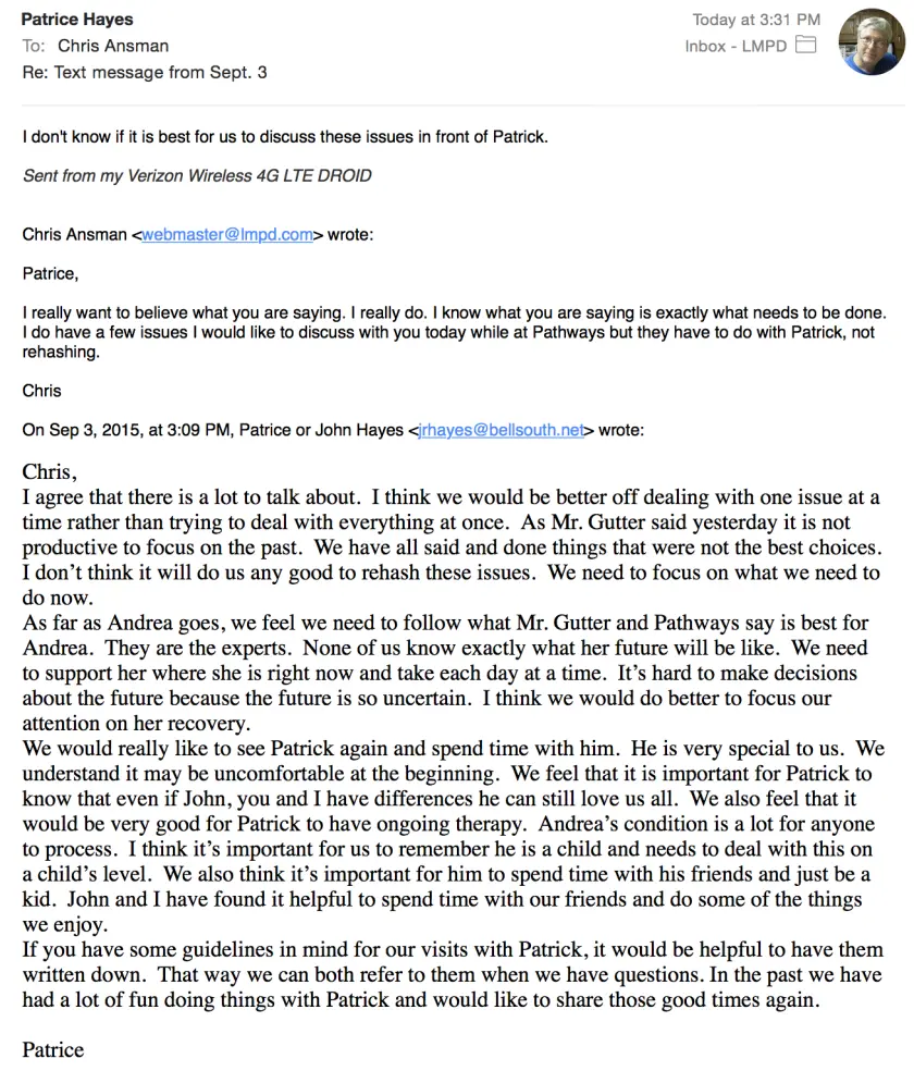 Email from Patrice Hayes: Full transcript below. sms