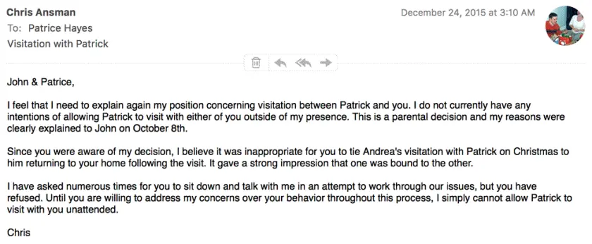 Email to John and Patrice Hayes: Full transcript below. sms