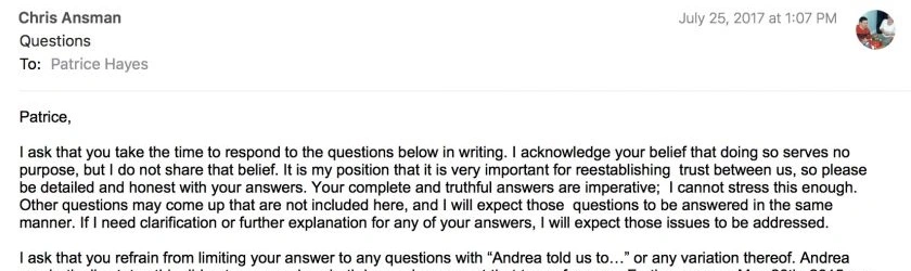 Email to Patrice Hayes: Full transcript below. sms