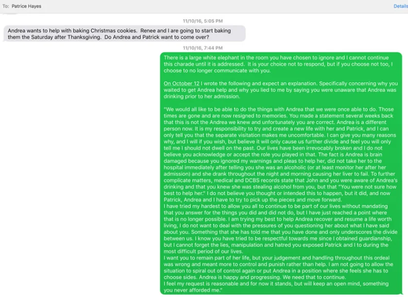 Message from Patrice Hayes: Full transcript below. sms